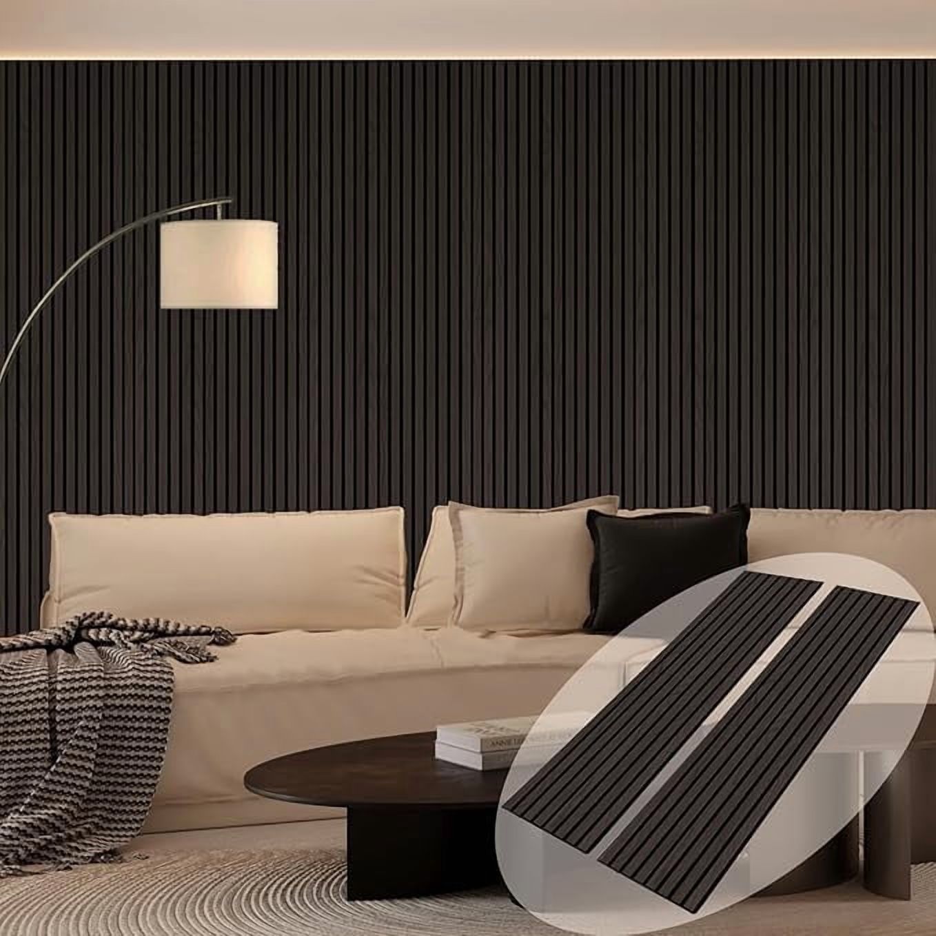 2 PCS Wood Slat Wall Panels 12.6" W x 94.5" L Acoustic Accent Panels for Wall Decor, Natural Smoked Black Wood Veneer