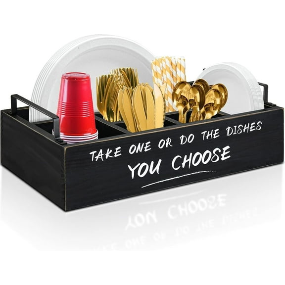 Wood Paper Plate Dispenser, Black Paper Plate Holder with Large Cup Holder for Kitchen Counter, Rustic Silverware Utensil Caddy with Large Cup Holder, Utensil Holder for Kitchen Accessories