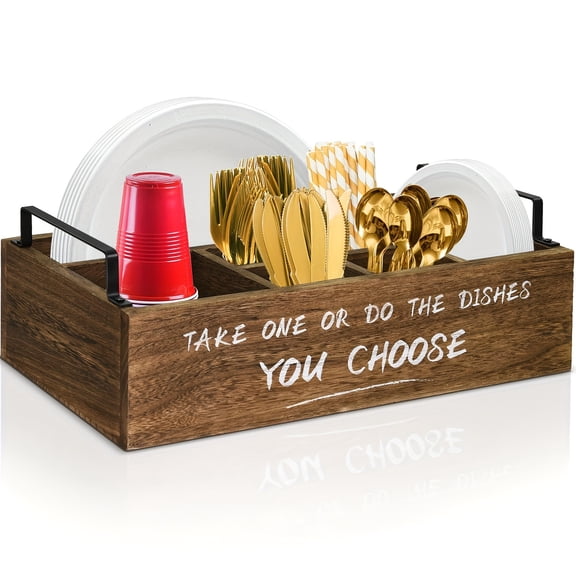 Wood Paper Plate Holder  Dispenser for Kitchen Counter, Rustic Wooden Utensil Caddy for Plates, Cups, Spoons, Forks Plastic Utensils, Ideal for Home  Party Use