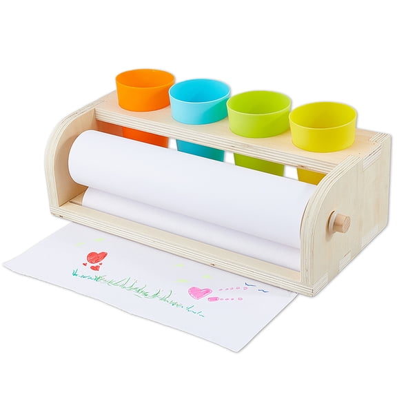 Wood Paper Roll Dispenser Including 4Pcs 4 Colors Plastic Pen Cup and 1Roll 11.8in x 98.4ft Paper Rolls Craft Paper Roll Holder Desktop Easel