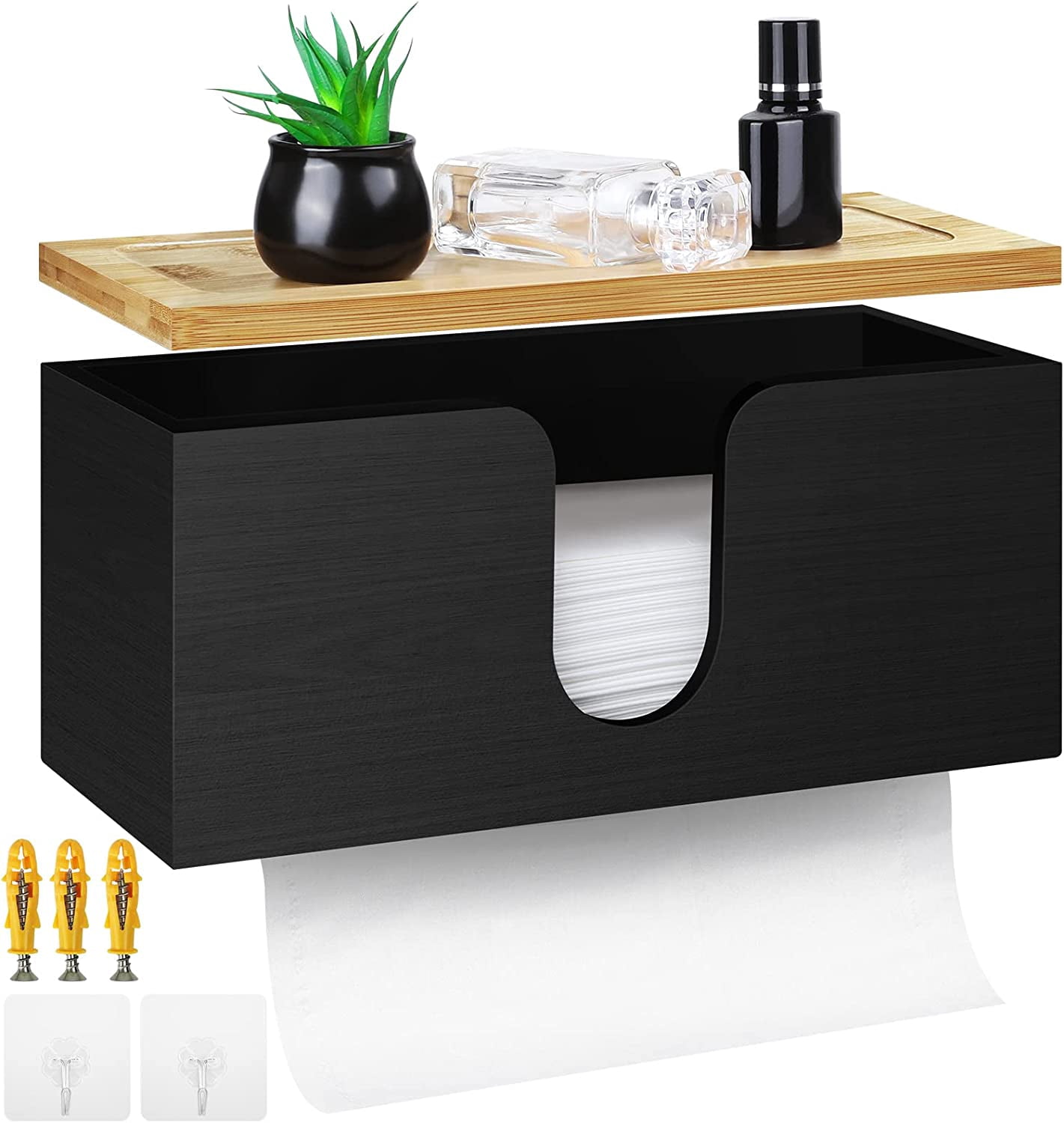 Distributeur D'essuie-tout Mural En Bambou - Avec Plateau Supérieur - Noir - Neuf - Marque Nature Supplies