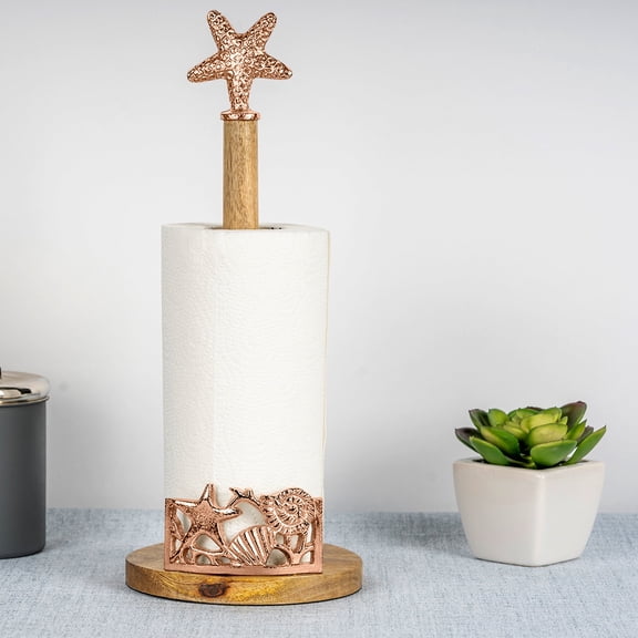 Wood Paper Towel Holder | Easy One-Handed Tear Kitchen Paper Towel Dispenser with Weighted Base for Standard Paper Towel Rolls | Burnt Wood/Copper Finish