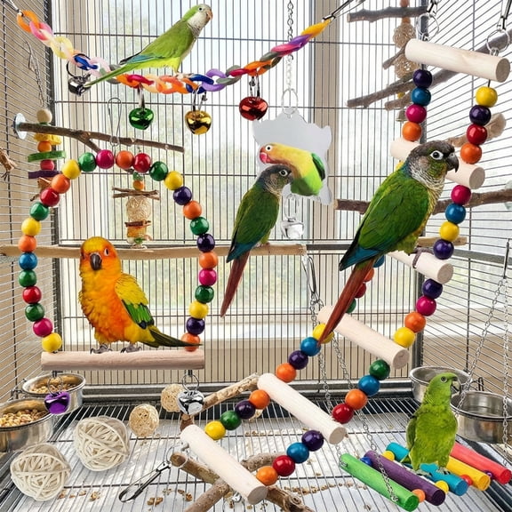Wood Parrots Budgie Cage Accessories, Bird Toys for Parakeets 16Pcs, Bird Perch Swings for Small Conure Cockatiel Toys, Bird Ladder Swing for Parakeets Climbing(swings,boll pendants, ladders,balls)