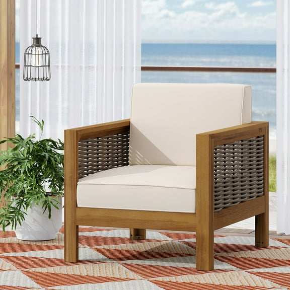 Wood Patio Chair with Waterproof Cushion, Outdoor Woven Rope Open Back Armchair, Comfort Single Sofa Chair for Balcony Backyard Garden, Brown and Beige