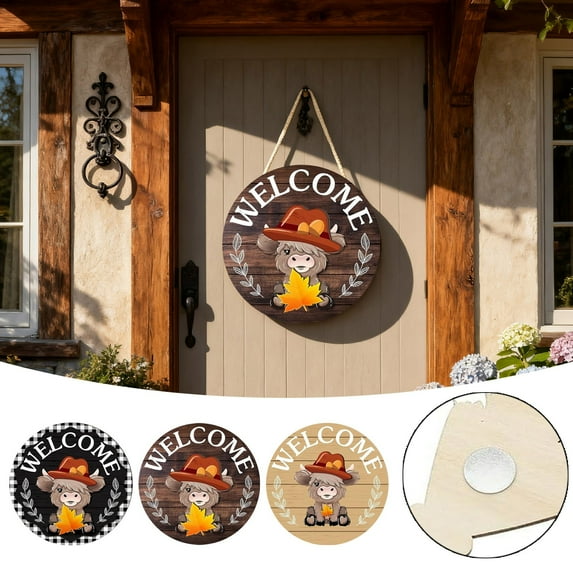 Wood Pattern Welcome Sign for Door and Wall Decor 34 Interchangeable Holiday for halloween, easter, fall, christmas, valentines front porch hanging plaque decoration, Black(12"x12")