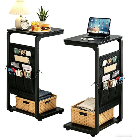 Wood Pedestal Living Room Couch Side Table Set of 2, TV Tray for Eating on Couch Side Tables that Slide Under the Couch Table, Dinner Food Small C Shaped End Stand TV Trays Over Sofa, Black ET-P-BKW2
