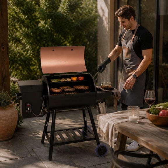 Wood Pellet Grill and Smoker, 8-In-1, digital controller, meat probe, 456 sq in cooking area, 500F max temp, black
