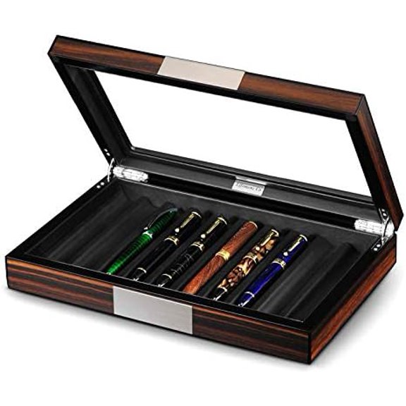 Wood Pen Box - 10 Slot Organizer With Glass Lid, Top Window Display Case for Collection Storage$$Office