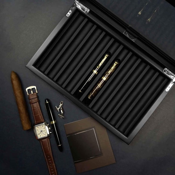 Wood Pen Box - 10 Slot Organizer With Glass Lid, Top Window Display for Storage