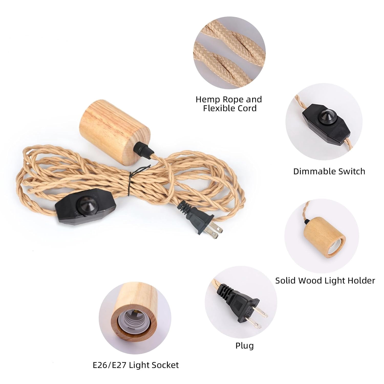 Wood Pendant Light Cord Kit with Dimmable Switch,16.4FT Vintage Industrial Hanging Plug in Lamp Cord with Twisted Nylon Rope Socket E26 E27 for Farmhouse Lamp Cable Retro DIY