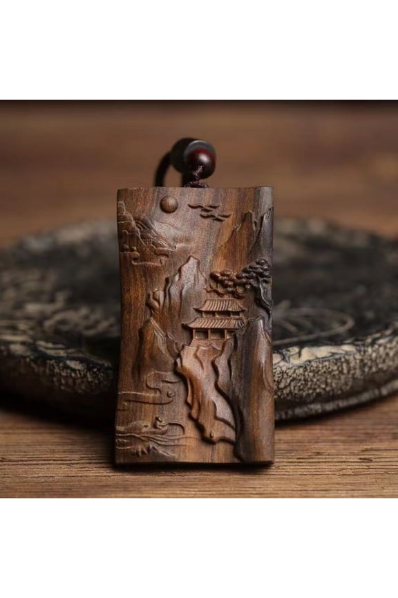 Wood Pendant Necklace with Landscape Carving Peace Charm Handmade Wooden Jewelry Accessory for Men and Women Ethnic Look