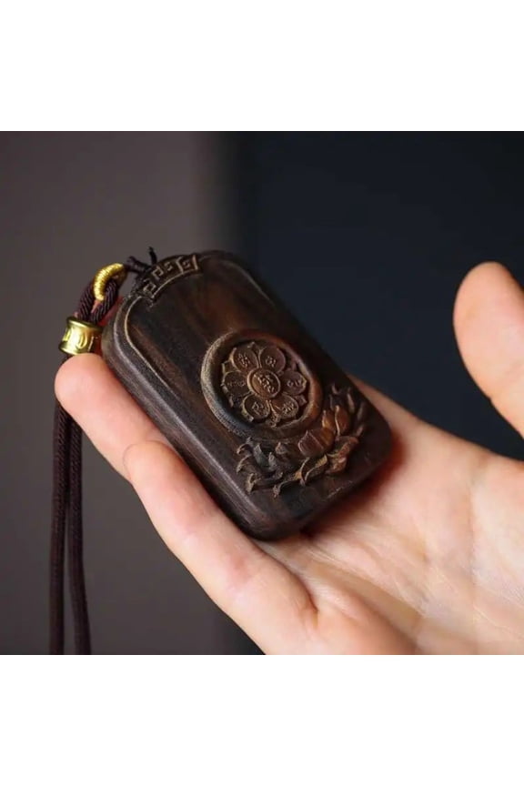 Wood Pendant Six Word Mantra Lotus Plate Carved Amulet Necklace Buddhist Jewelry Unisex Spiritual Gift Collectible