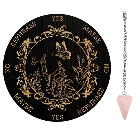 Wood Pendulum Board set Wooden Dowsing Divination Board Metaphysical Message Board with Pendulum Necklace for Witchcraft Wiccan Altar Supplies Kit Retro Skeleton Hand