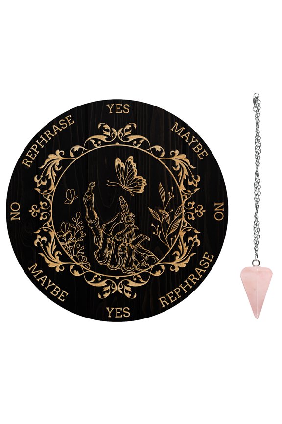 Wood Pendulum Board set Wooden Dowsing Divination Board Metaphysical Message Board with Pendulum Necklace for Witchcraft Wiccan Altar Supplies Kit Retro Skeleton Hand