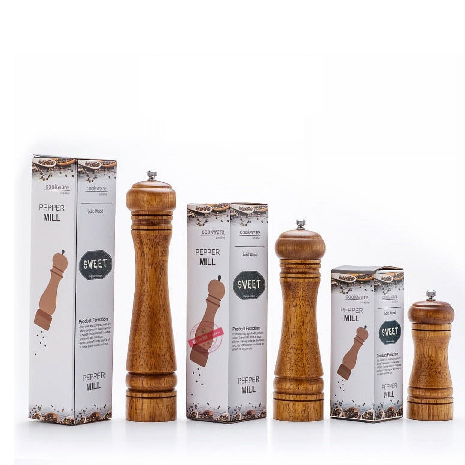 Wood Pepper Grinder, Solid Wood Manual Spice Pepper Mill Salt 5/8/10 Inch