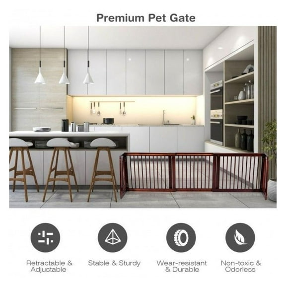 Wood Pet Gate - 3 Panel Adjustable Folding Fence for Dogs, Cherry Finish - Free Standing, 28-80" Wide - Ideal for Doorways, Hallways & Stairs
