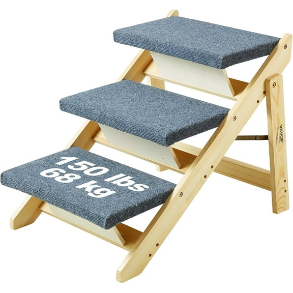 Wood Pet Stairs/Pet Steps, 2-in-1 Foldable Wooden Dog Stair for Beds, Sofa and Cars, Dog Stairs & Ramp with 3 Steps for Small Medium Large Pet, up to 150 lbs