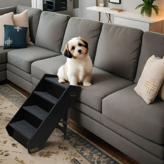 Wood Pet Stairs/Pet Steps - Foldable 4 Levels Dog Stairs & Ramp Perfect for Beds and Cars - Portable Dog/Cat Ladder Up to 130 Pounds