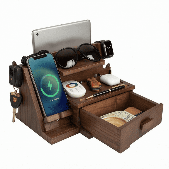 Wood Phone Docking Station with Drawer, Desk or Nightstand Organizer - Wood Charging Station Organizer Stand, Holds Phone, Tablet, Keys, Glasses & Accessories, Gifts for Husband Dad Boyfriend