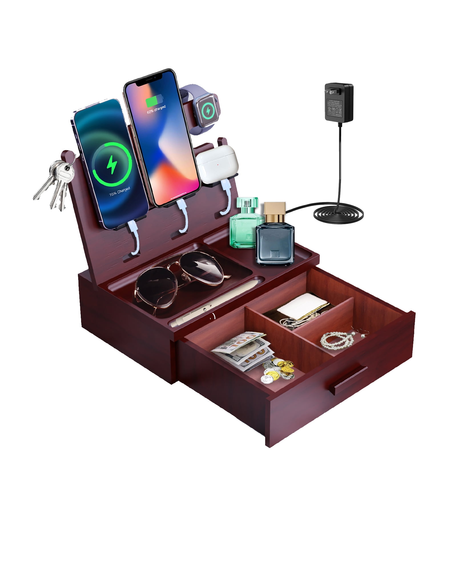 Wood Phone Docking Station with Drawer Nightstand Organizer Charging ...