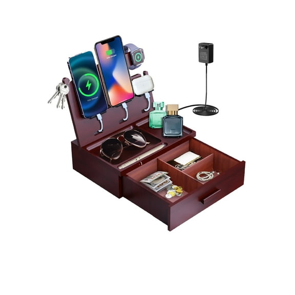 Wood Phone Docking Station with Drawer Nightstand Organizer Charging Station with QC 3.0 & PD USB C Fast Charger for iPhone Samsung Android Mens Jewelry Box Anniversary Birthday Gifts for Men