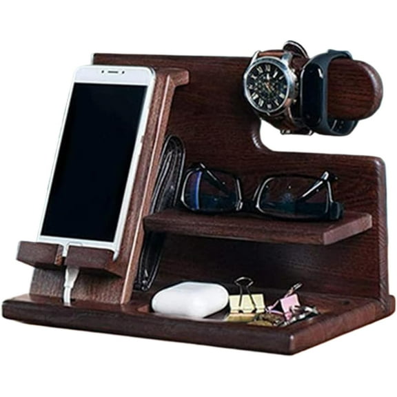 Wood Phone Docking Station for Men:Cell Phone Stand Night Stand Organizer for Holding Watches,Wallets,Keys and Glasses,Wooden Nightstand Phone Holder for Desk,Gifts for Husband Dad Boyfriend
