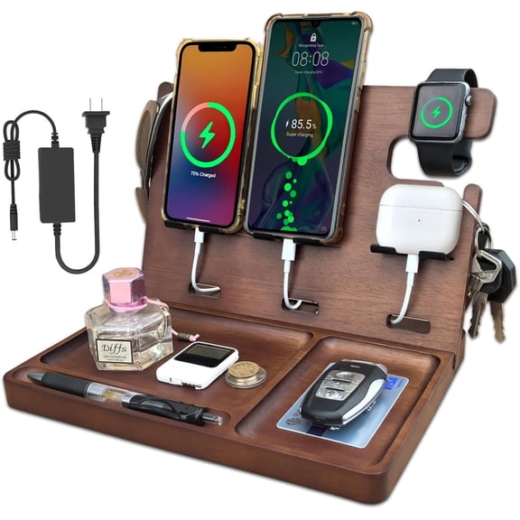 Wood Phone Docking Station Nightstand Organizer Charging Station with QC 3.0 & PD22.5W USB C Charger Fast Charging for iPhone Samsung Android Watch Airpod Anniversary Birthday Gifts for Men