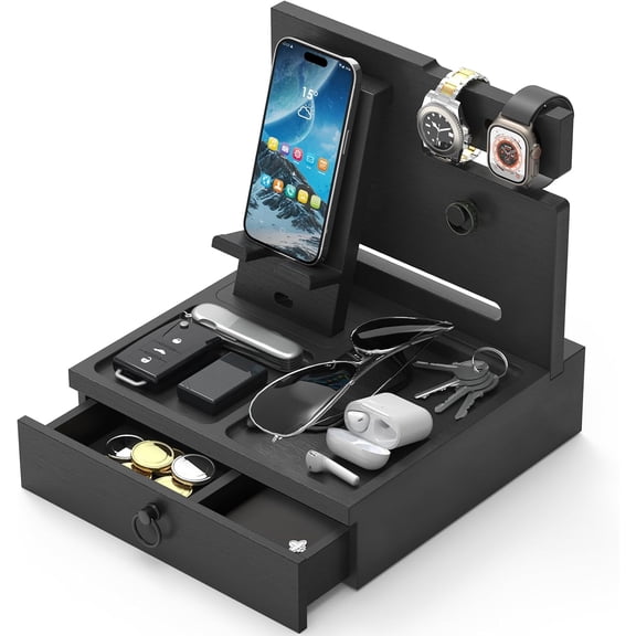 Wood Phone Docking Station, Nightstand Organizer with Drawer, Bedside Table Organizer for Watch & Accessories, Christmas Anniversary Birthday Gifts for Men,Dad,Husband