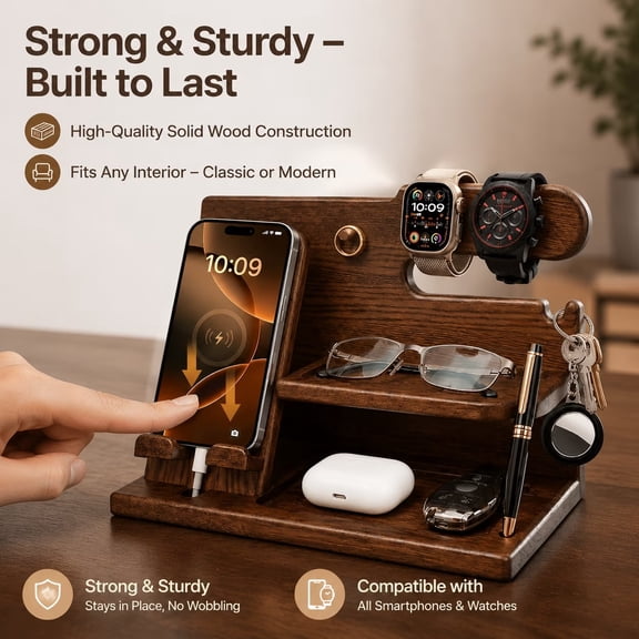 Wood Phone Docking Station for Men, Nightstand Organizer with Watch Stand, Key Holder, Wallet, Glasses & AirPods, Gift for Husband Dad, Bourbon Brown