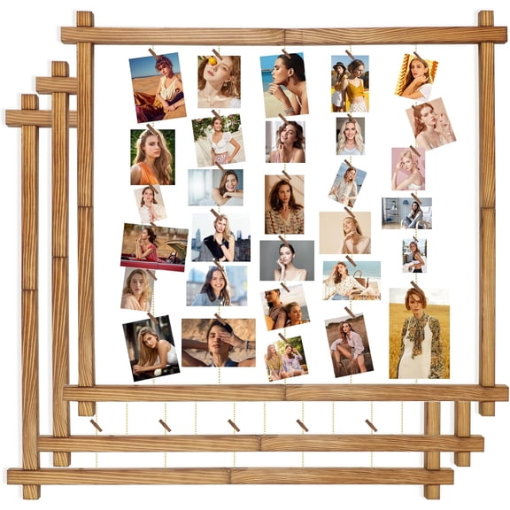Wood Picture Frames Collage,Photo Display With 30 Clips,Hanging Picture Board Wall Decor for Graduation Letter Postcard Greeting Card Organizer,Pine,Adjustable Metal String,3 Pack,(Carbonized Brown)