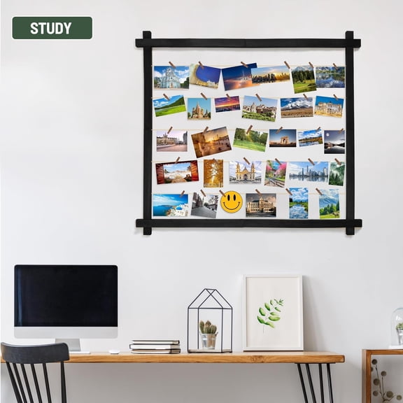 Wood Picture Frames Collage, Photo Display With 30 Clips, Hanging Picture Board Wall Decor for Graduation Letter Postcard Greeting Card Organizer, Pine, Adjustable Bead String, 2 Pack, Black
