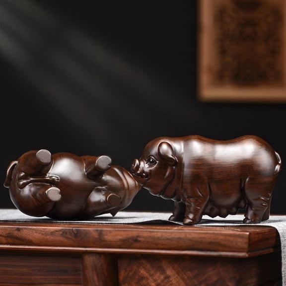 Wood Pig Figurines Pair Hand Carved Home Decoration 8cm 2pc