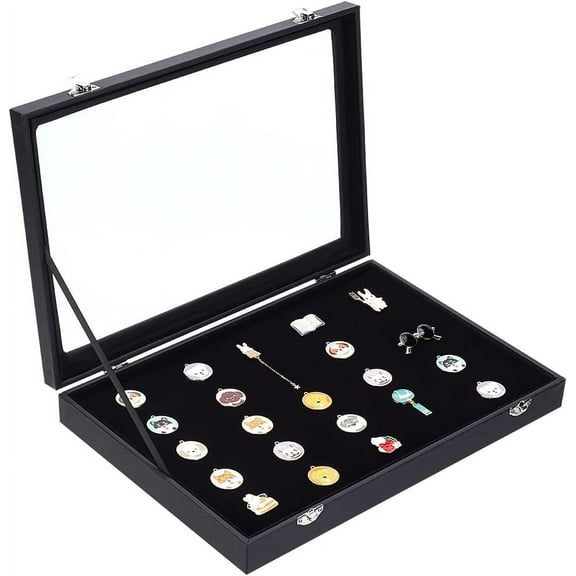 Wood Pin Display Case Badge Presentation Box with Velvet & Polyester Cover Iron Latch Lock & Foam Inner Pad Acrylic Clear Window Black 349x238x48mm Inner Diameter: 333x225x10mm