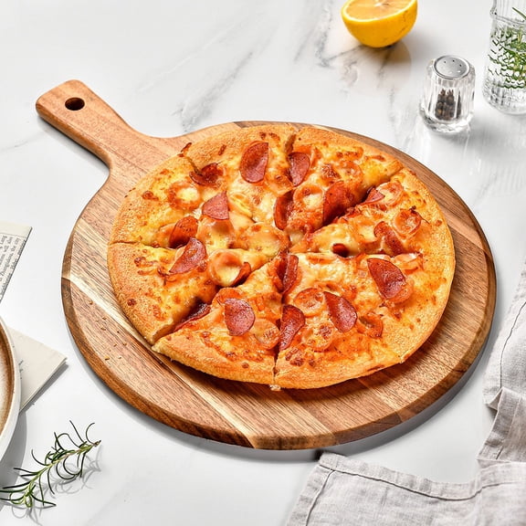 Wood Pizza Peel 12 Inch Round Acacia Pizza Board with Handle – Wooden Pizza Paddle and Serving Board for Bread, Cheese, Charcuterie and Appetizers