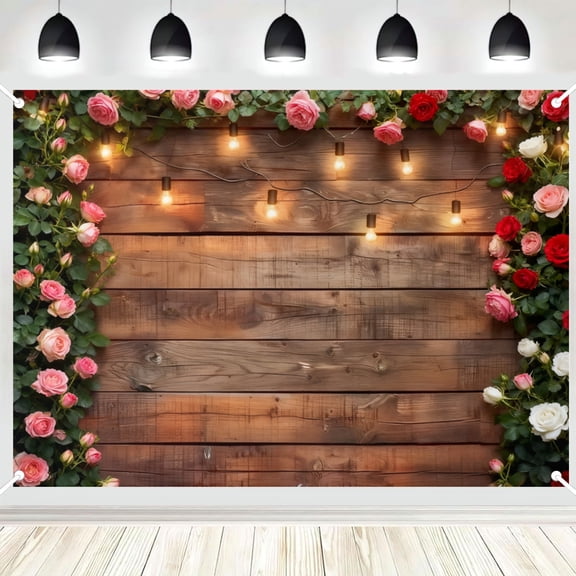 Wood Plank Rose Floral Frame Backdrop with String Lights, Rustic Photo Background for Wedding & Birthday Decor 3x5ft