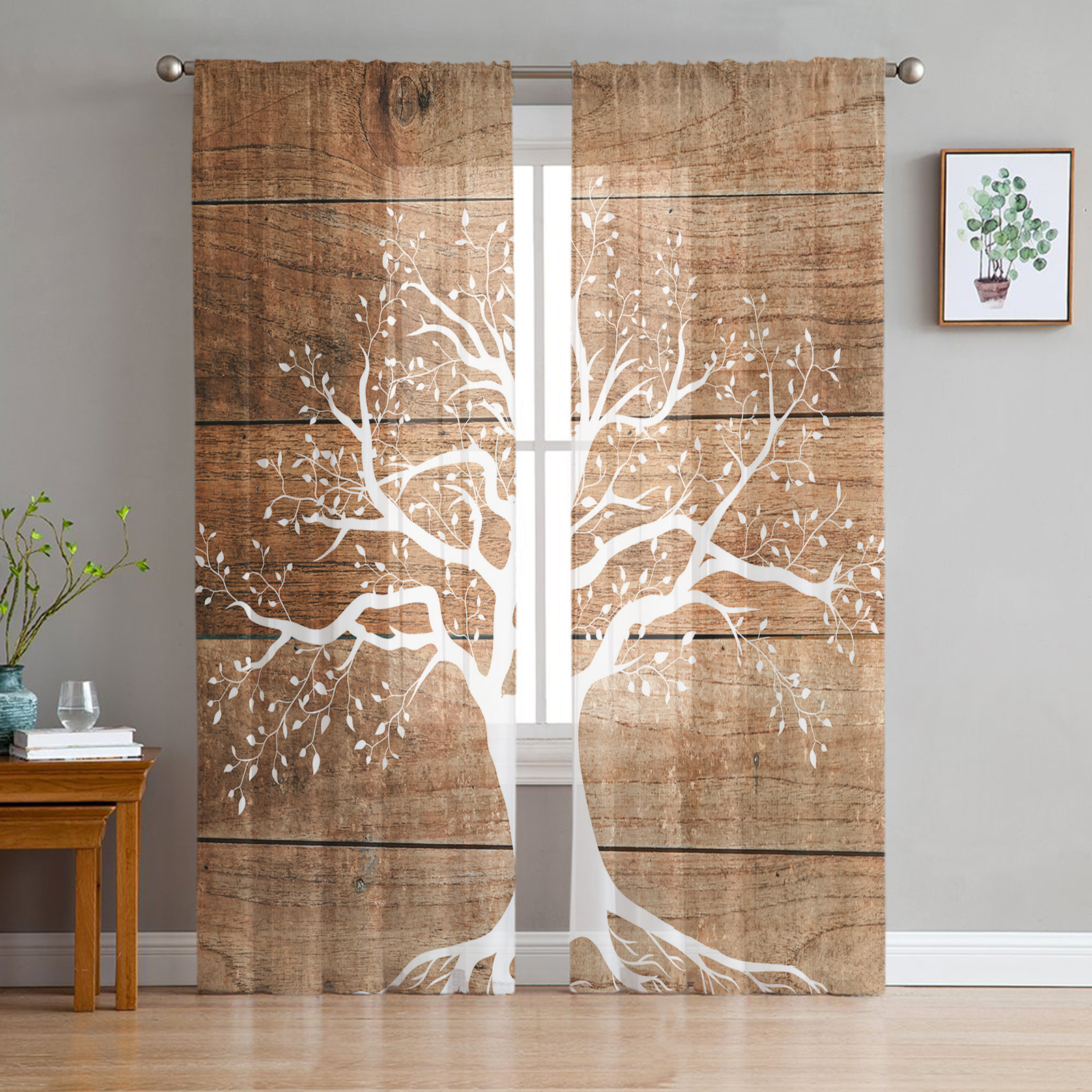 Wood Plank Texture Tree Window Curtains Bedroom Modern Drape Sheer ...