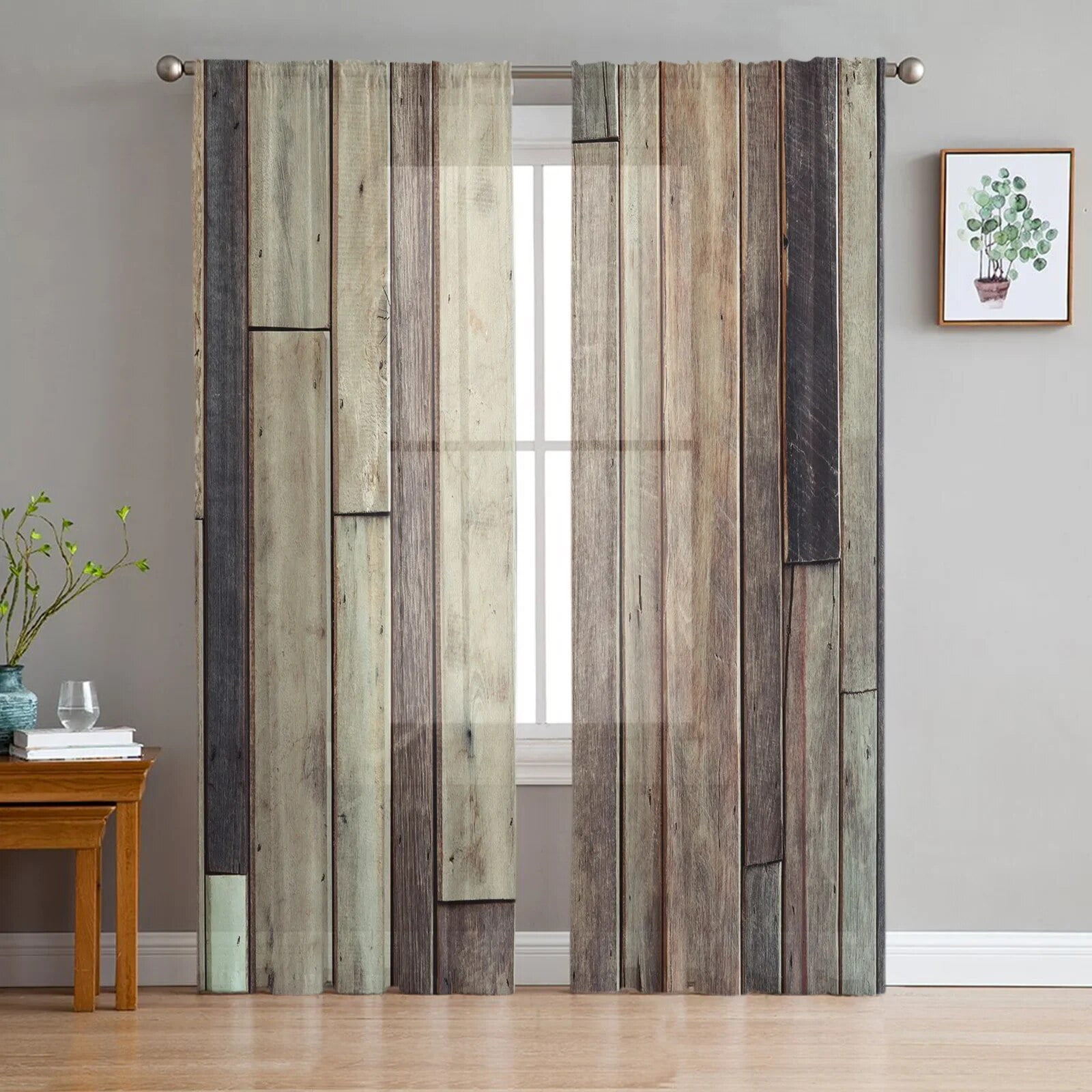 Wood Plank Texture Tulle Curtains for Living Room Printed Sheer Voile ...