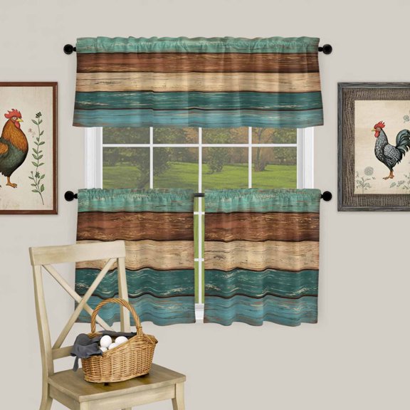 Wood Planks in Teal Brown Curtain Tier and Valance Set 3 Piece, Rustic Farmhouse Background 3-inch Rod Pocket Window Tier Curtains Valance for Kitchen Living Room