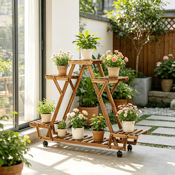 6 Tier Wooden Plant Stand Flowers Display Rack Rolling Wheels for Indoor Outdoor Garden