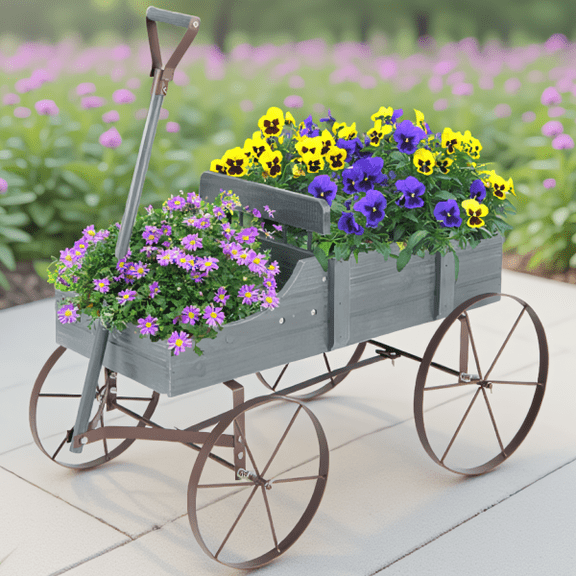 Wood Plant Wagon Cart with Wheels and Handle, Outdoor Flower Planter, Rustic Gray, 24.5 x 13.5 x 24 Inch
