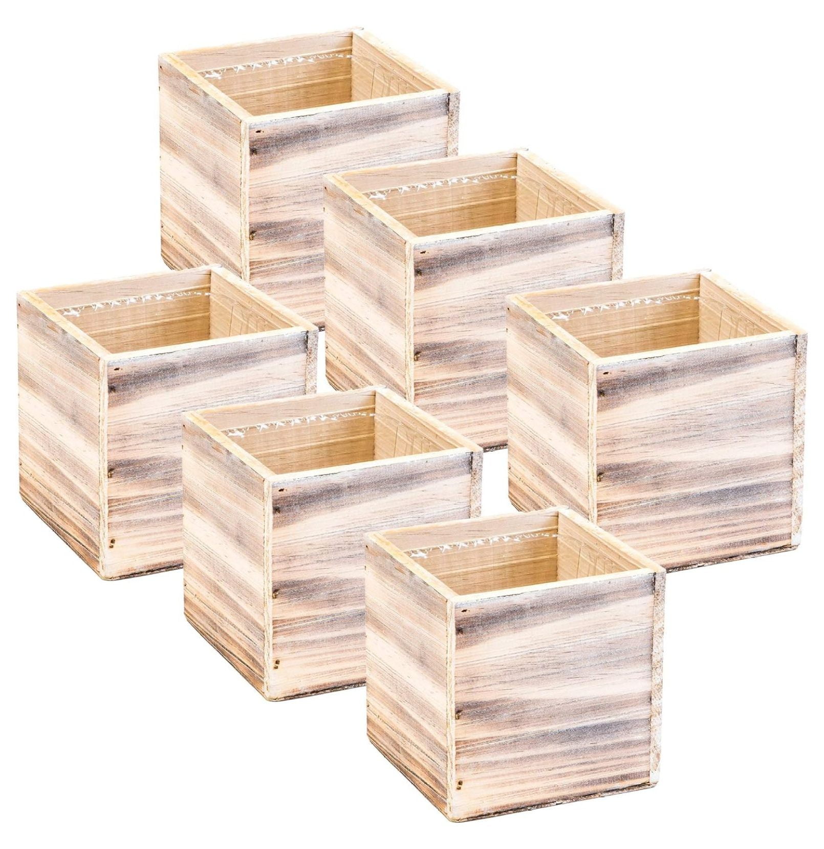 Wood Planter Box 4 Inch Square, Whitewash Color, Plastic Liner, Garden Centerpiece Display, Wedding Flowers Holder, Home and Venue Decor, (Set of 6) (Whitewash)