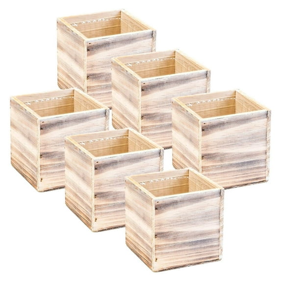 Wood Planter Box 4 Inch Square, Whitewash Color, Plastic Liner, Garden Centerpiece Display, Wedding Flowers Holder, Home and Venue Decor, (Set of 6) (Whitewash)