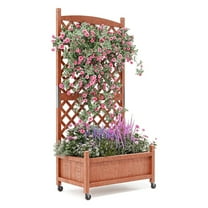 Wood Planter Box with Trellis for Plant & Flower, Raised Garden Bed with Wheels, Standing Vertical Horticulture Trellis Planter with Drainage Holes for Patio Garden 29.5" x 26"x 61.5"