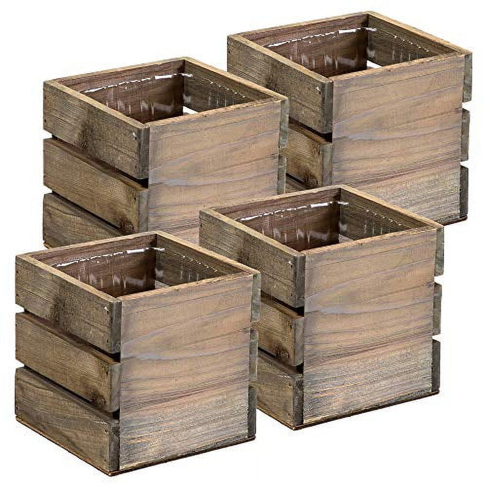 Rustic Unfinished Wood Planter Box Set with Plastic Liner, 5 Inch Square, 4 Count