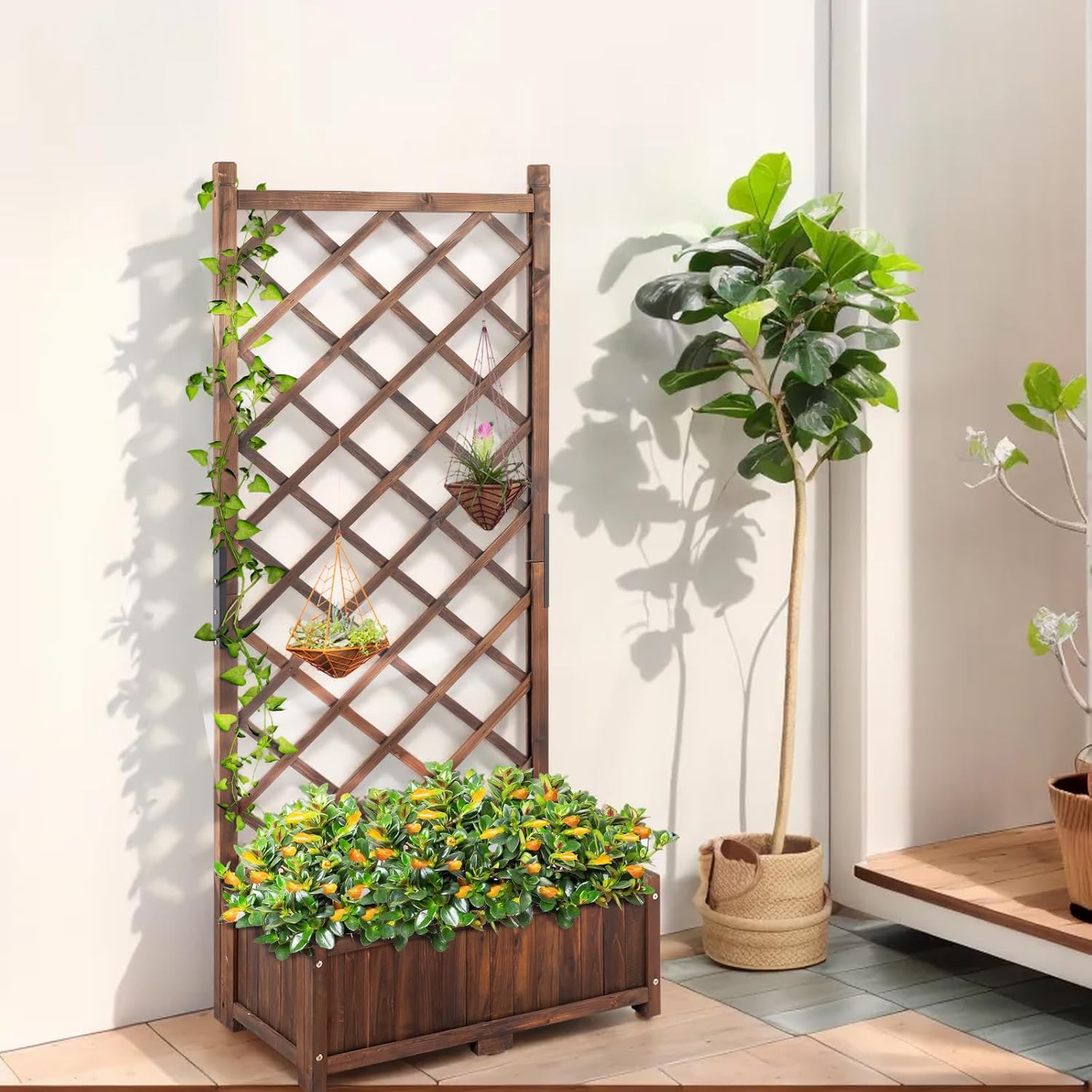 Wood Planter Raised Garden Bed with Trellis, 67 Inch Height Outdoor ...
