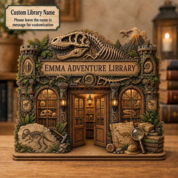 Wood Plaque Dinosaur Fossil Adventure Library Wood Table Decor for Science Readers