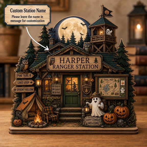 Wood Plaque Halloween Ranger Station Personalized Table Decor for Campers