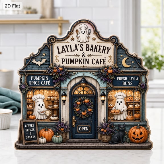 Wood Plaque Sign, Personalized Spooky Bakery Ghost Pumpkin Shelf Sitter, Halloween Kitchen Decor