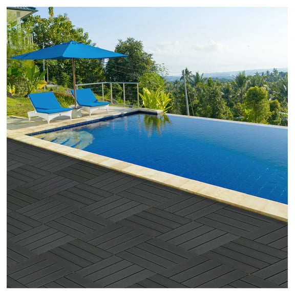 Wood-Plastic Deck Tiles 11.8x11.8 - 9 PCS Interlocking Outdoor Flooring, Waterproof Patio Tiles for Balcony, Backyard, Porch, Bedroom (Black) Black + Garden & Outdoor + Wood+Plastic