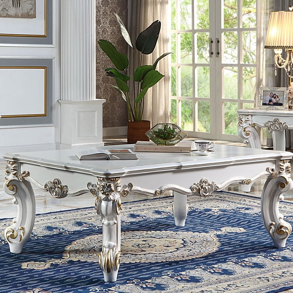Wood + Plastic Rectangular Coffee Table | Function for Dining and Working in Living Area | Featuring Scrolled Decorative Trim | Addresses Need for Sturdy and Versatile Table
